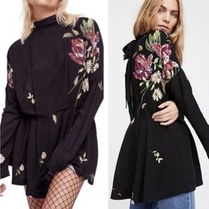 Free People Gemma Long Sleeve Tie Neck Tunic Top/Mini Dress-Black Floral-L-NWT